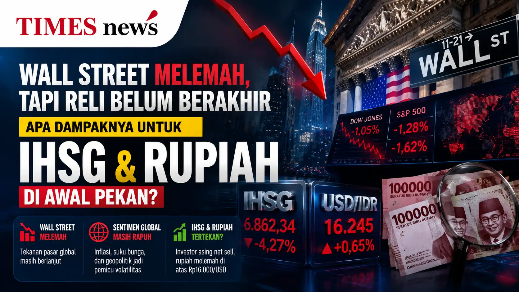 Wall Street Melemah, Tapi Reli Belum Berakhir: Apa Dampaknya untuk IHSG dan Rupiah di Awal Pekan?